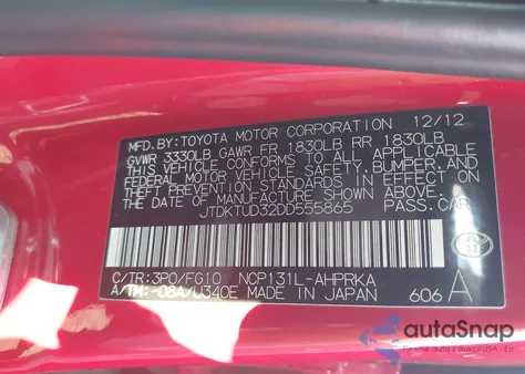 2013 Toyota Yaris Le из США, поврежденный, VIN JTDKTUD32DD555865